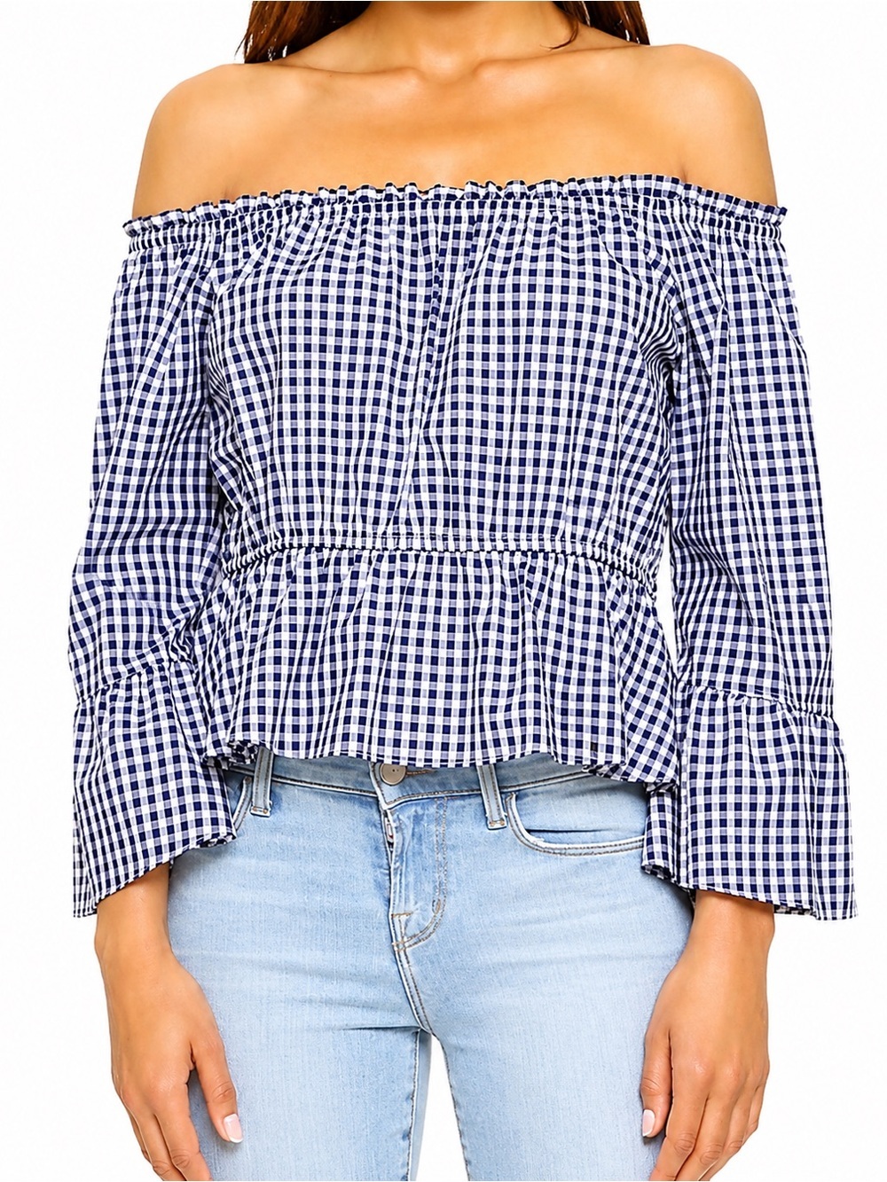 Amanda Uprichard navy gingham off the shoulder top, large